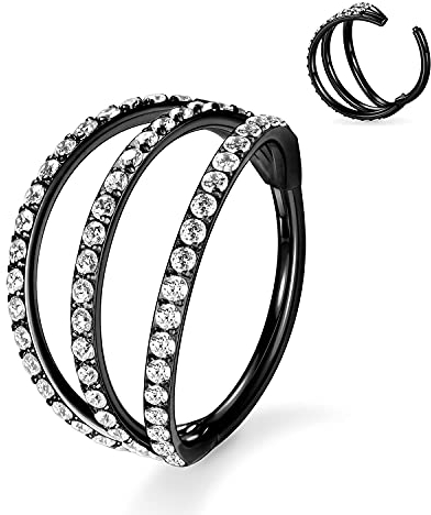 16G Triple Open Stacked CZ Daith Ringe 316L Chirurgischer Stahl Septum Clicker Ring Ohrmanschette Helix Clicker Scharnierring Unisex Creolen Conch Tragus Knorpel Lippenpiercing Schmuck 10mm Schwarz