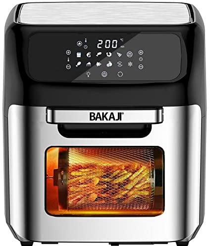Bakaji Forno Friggitrice ad Aria Calda Frigge Cuoce Griglia Essicca Senza Olio Airfryer Capacità 12Lt Display LED Touch 12 Programmi Timer Regolazione Temperatura Potenza 1800W (Silver)