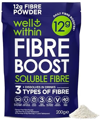 12g Soluble Fibre Supplement, 3in1 Fibre Powder, Well Within | 40% NHS Daily Intake, 3 Types of Fibre, Inulin Acacia FOS. 200g Bag. 2 Servings =12g Fiber. Dissolves in Drinks