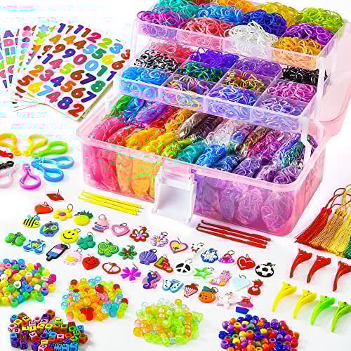 INSCRAFT 17500 PCS Elastique Bracelet Kit, 28 Couleurs 600 Pinces 352 Perles 40 Pendentifs Cartoonesques avec Boîte Rose à 3 Couches, Loom Bands pour Tissage DIY Cadeau de Bricolage Créatif