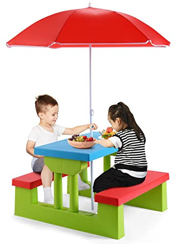 GIANTEX Kindersitzgruppe mit Sonnenschirm, Kinder Sitzgarnitur Gartengarnitur 1 Tisch & 2 Bänke, Kindermöbel Gartenmöbel Set bunt, Picknick Set aus Kunststoff, Sitzgruppe für Camping (Grün + Rot)