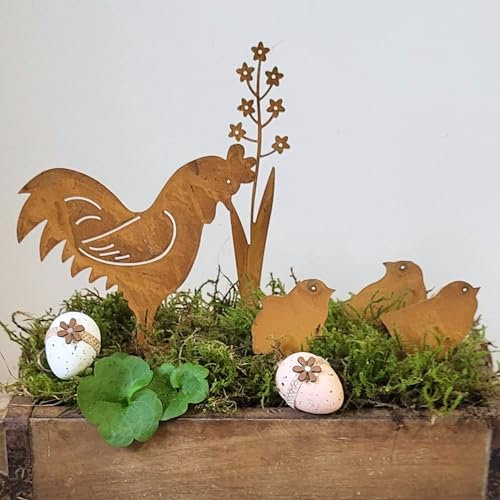 Gartenstecker Huhn - Hühner mit Küken in Rostoptik zum Stecken für die Osterdeko kleine Dekostecker