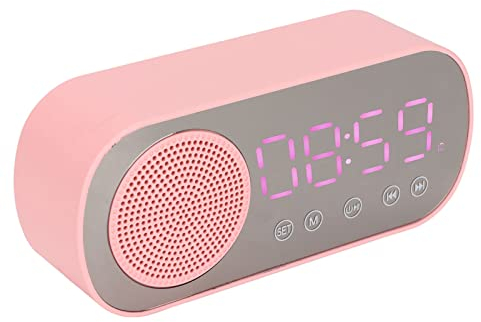 Tbest reveil ado Fille, Radio Réveil Rose, Réveil Bluetooth, Haut-Parleur Hi-FI, écran Miroir LED, Chargement Micro USB, Radio FM, Horloge numérique pour la Lecture et Les Voyages