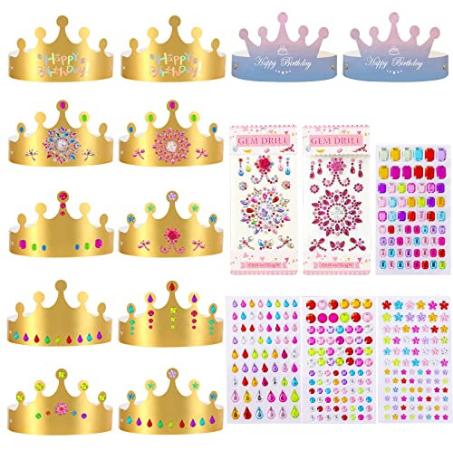 EQLEF 12 Stück Krone Papier, Goldfarbene Partyhüte, Verstellbare Pappkronen, DIY-Geburtstagshut Mit Selbstklebenden Strass-Aufklebern für Jungen, Mädchen, Party (B)