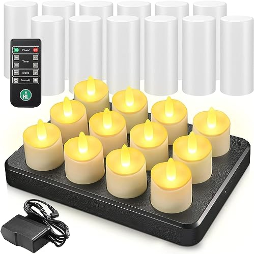 HL Wiederaufladbare LED Kerzen, 100 Stunden Akku Teelichter Wasserdichte Kerze mit Magnetisches Ladestation und Timer für Außenbereich Tisch Party SPA-Badezimmer Heimdekoration,12 Stück,Warmweiß