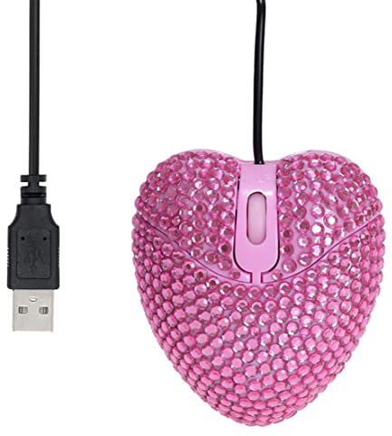 Romeeton DIAMANTE MOUSE for Girl, Pink Love Heart Shaped Mice with USB Cable For PC Computer Laptop, Cute Wired Mouse