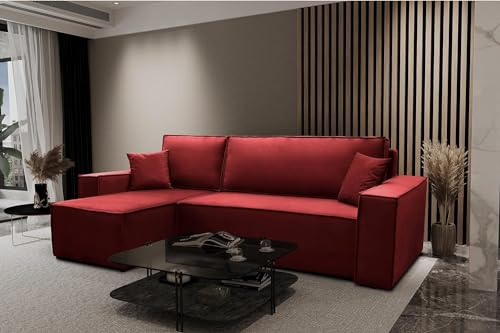 Kaiser Möbel, Ecksofa mit schlaffunktion, mit Bettkasten, Schlafsofa Atos, Designer Sofa, Modern Design Couch, Polsterecke, Freistehend, Polsterung Samt, Rot Links