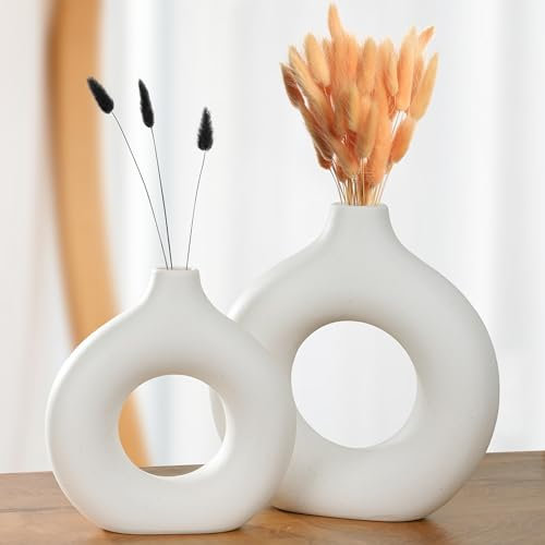 Winter Shore Weiße Donut Keramikvasen [2 Set] - Modern Home Decor für Pampas & Blumen, Boho-Stil für Wohn- & Schlafzimmer - Groß (22x24x6cm), Klein (19x20x5cm)