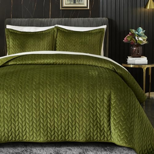 Ivellow Samt-Steppdecke für King-Size-Bett, leicht, weich, wendbar, für alle Jahreszeiten, 3-teilig, luxuriöse Samtdecke mit gebürsteter Mikrofaser-Rückseite, Blatt bestickt, gestepptes Bettwäsche-Set