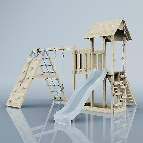 ReboOutdoor Spielturm mit Wellenrutsche | Klettergerüst mit Kinderschaukel, Kletterturm, Kletterwand, Kletternetz | Stabile Konstruktion, Weiches Gefühl in den Seilen