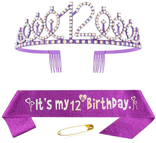 12. Geburtstag Schärpe und Krone für Mädchen Lila Kristall Queen Tiara Princess Crown 12th Birthday Schärpe 12. Geburtstagskrone Birthday Party Accessoires Geburtstagsdeko 12th Geburtstagsgeschenk