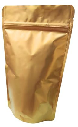 Jamo Solutions Gold Aluminium Stand Up Pouch With Zip Lock and Tear Notch - Ziplock Bags Food – Smell Proof Pouch Bag – Resealable Food Storage Bags – 10 x 250 ml