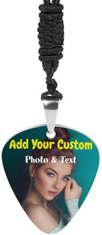 Miyeiw Personalised Necklace Pendant with Photo/Logo/Text, Custom Guitar Pick Shaped Metal Necklace, Design Gift for Womens Mens Couples Musicians Rockers Bass Guitarists Valentine's Day Birthday