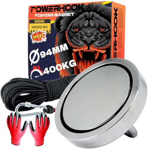 PowerHook - Neodym Magnet 400KG Stark - 94mm Groß - Bergemagnet - Angelmagnet - Magnetfischen Set - Mit 20m Seil und Karabinerhaken