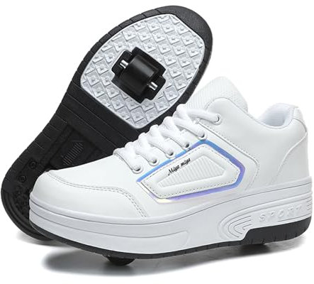 Schuhe mit Rollen für mädchen Jungen Einzelrad/Doppelrad Verstellbare Rollschuhe Schuhe Einziehbar Turnschuhe mit Rollen für Kinder Roller Skate Shoes für Outdoor-Sportarten,Weiß,32EU