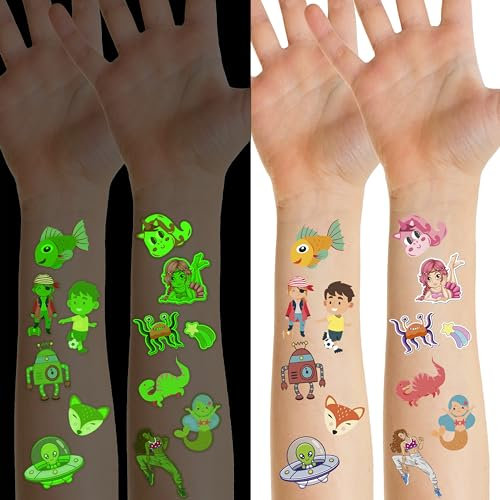 500 Pz Tatuaggi per Bambini - 10 Fogli Tatuaggi Temporanei Luminosi Gadget Compleanno Bambini Originali - Regalini Fine Festa Compleanno Invitati Bambino Bambina Unicorno Dinosauro Sirena Calcio