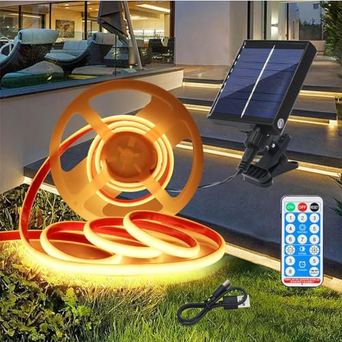 Wisada 12V Solar COB Neon Streifen Selbstklebend, 8 Modi Lichtband Außen IP68 Dimmbare Lichterkette, 3M 320LEDs/m Superheller Cuttable Warmweiß COB LED Band Mit Fernbedienung für Terrasse, Innenhof