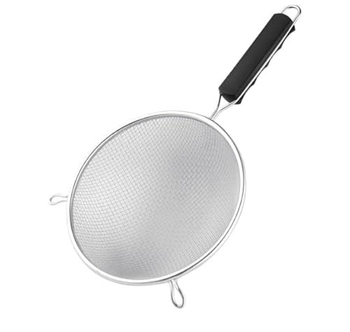 Vogue Heavy Duty Sieve 20 cm, Silver & Black, Tinned Double Mesh, Flour Sifter, Ergonomic Handle, 2x Resting Hooks, Easy Clean Design, FE742