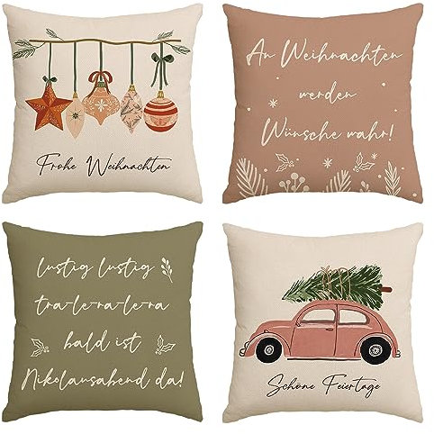 Artoid Mode Kugeln Baum Lastwagen Motto Schöne Feiertage Frohe Weihnachten Kissenbezüge 4er Set, 40x40 cm LKW Zierkissenbezug Cushion Cover Couch Deko