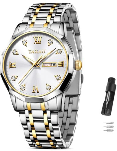 Taxau Armbanduhr Herren Gold Silver Herrenarmbanduhren Edelstahl Uhr Wasserdicht Quarz Männer Uhren Silber Uhr Herren Klassische Diamant Herrenuhren Mens Watches