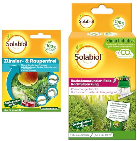 Solabiol Zünsler- und Raupenfrei, biologisches Mittel gegen Raupen an Zierpflanzen & Buchsbaumzünsler-Falle Nachfüllpackung, zum Auffüllen der Solabiol Buchsbaumzünsler Falle, 2 Stück