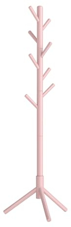 VASAGLE Solid Wood Coat Rack, Free Standing Tree-Shaped Coat Rack with 8 Hooks, 3 Height Options, for Clothes, Hats, Bags, Living Room, Bedroom, Home Office, Jelly Pink URCR004R01