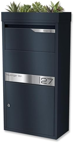 Metzler Briefkasten und Paketbox rostfrei & massiv, Paketbriefkasten XXL, Standbriefkasten modern, Paketkasten mit Zylinderschloss, Postbox in RAL 9007 Graualuminium mit Namensgravur, Modell Avalon 2