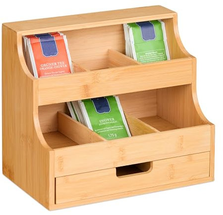Relaxdays Tee Organizer, 9 Fächer, aus Bambus, HxBxT: 24 x 27 x 17 cm, Mit Schublade, Teeregal vertikal, natur