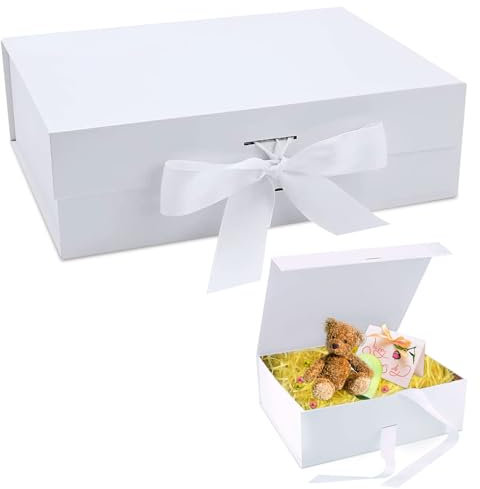 Geschenkbox mit Schleife, 23x17x7cm Magnetische Geschenkkarton mit Deckel, Faltbare Geschenkbox, Geschenk Verpackungsbox, für Jahrestage, Feiertage, Geburtstagsfeiern(Weiß)