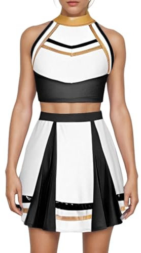 Odizli Cheerleader Kost�m Damen Glitzer Metallic 70er 80er 90er Jahre American Football CHEERS Neckholder Crop Top + Mini Rock Outfit Erwachsene Halloween Fasching Karneval Faschingskost�m Schwarz S