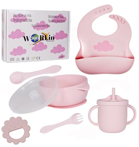 WORLin360. Vajilla para bebe, set cubiertos infantil, perfecto para transportar, silicona libre de BPA, babero, taza, cuenco, cubiertos suaves, mordedor para sus dientes.