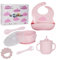WORLin360. Vajilla para bebe, set cubiertos infantil, perfecto para transportar, silicona libre de BPA, babero, taza, cuenco, cubiertos suaves, mordedor para sus dientes.