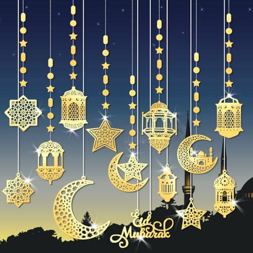 Sfoni Ramadan Deko 14 Stück Ramadan Girlande Ramadan Mubarak Banner Gold Stern Mond Laternen Eid Mubarak Dekoration Wanddeko für Islam Party Haus Hochzeit Muslim