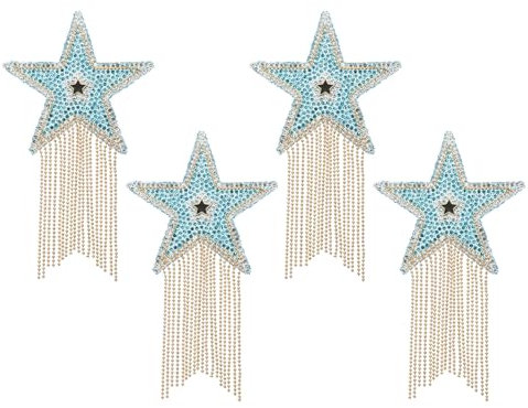 PATIKIL Star Rhinestone Patches, 4 Pcs Star Shape Iron on Applique Patches Rhinestone Applique Glitter Crystal Patches with Gold Tassel for Shoes Clothes Pants Bags, Blue
