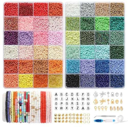 FEHCBIO Selber Machen Perlen für armbänder Perlen Set 3mm,16000 Stück 48 Farbe Matte Glasperlen mit Buchstaben Perlen zum Auffädeln, Geschenkidee für Weihnachten Feiertage Geburtstage Belohnungen