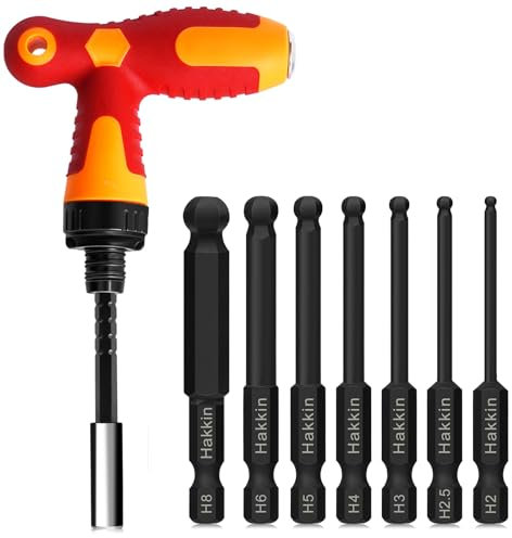 Hakkin Ball End Allen Key Bit with Ratchet Driver Hex Key Set S2 Steel 65mm 1/4 Hex Shank Allen Wrench Screwdriver Bits for Furniture Assembly H2-H8