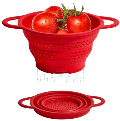 GIR Collapsible Colander for Kitchen, Silicone Strainer and Steamer, BPA-Free, Heat-Resistant, Space-Saving Collapsible Strainer with Stainless Steel Rim, Dishwasher Safe - Red