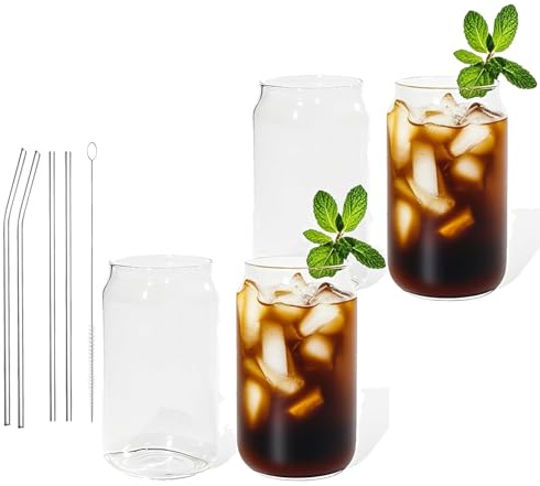 Lunpog Eiskaffee Gläser, 4 Stück Cocktailgläser 400ml, Saftglas, Bier Glas, Wassergläser, Iced Coffee Glas, Glasbecher mit Stroh und Pipettenpinsel für Cocktailgläser Longdrinkgläser Tee