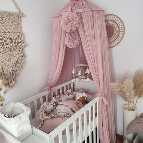 KOELL Baldachin Kinderzimmer – Betthimmel mit Pompons und Schleifen, Metallring zur Deckenmontage, Höhenverstellbar 240–300 cm, Oeko-Tex Tüll, Altrosa