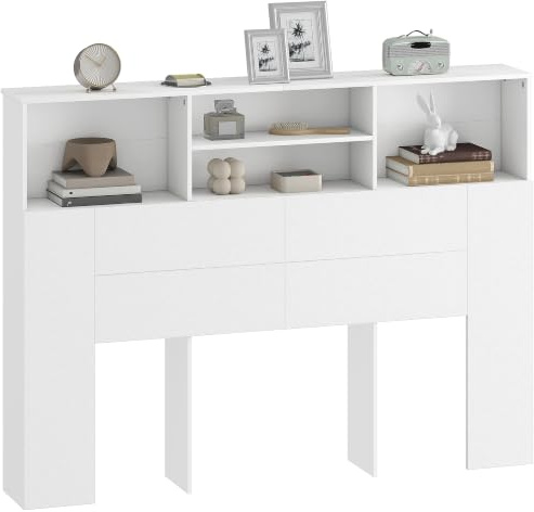 HOMCOM Tête de Lit sur Pied 140 x 19 x 103,5 cm Blanc | Avec Rangements, Accessoire de Lit Moderne, 4 Compartiments Ouverts, pour Chambre à Coucher