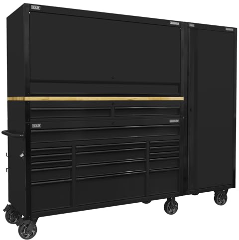 Sealey 15 Drawer 1549mm Mobile Trolley with Wooden Worktop, Hutch, 2 Drawer Riser & Side Locker - AP6215BECOMBO2
