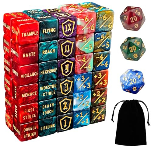 ZEOXUER 63 Stück MTG Würfel Zähler - Ability Keyword Zähler, -1/+1 Lebenszähler, Schild Lebenszähler, D6 Würfel, Kompatibel mit MTG, Kartenspiel Zubehör (Inklusive Schwarzer Tasche)