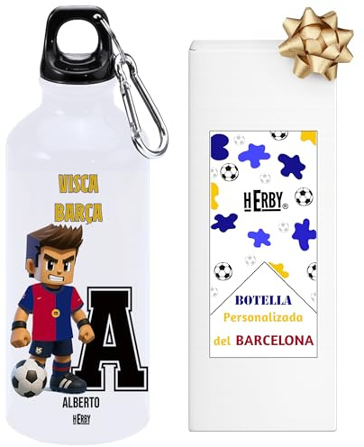 HERBY Bottiglia Barcellona personalizzata per bambini con iniziale e nome tanica in alluminio per appassionati di calcio borraccia leggera da trasportare da 600 ml con due tappi