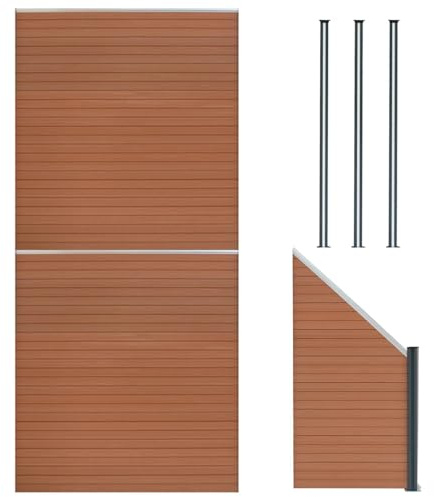 WPC Sichtschutzzaun x2, Eckstück x1 & Aluminium Zaunpfosten x3, Steckzaun Braun Doppelseitig Holzmaserung Lattenzaun Garten Einfahrt Sichtschutz 185cm x 446cm, Solarbetriebene LED-Beleuchtung