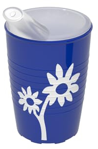 Ornamin Becher mit Antirutsch-Trick Blume & Schnabelaufsatz | Spezialgeschirr für Handicap, Parkinson & Schlaganfall | Barrierefrei, selbstständig trinken für Links- & Rechtshänder | Blau