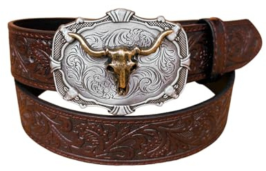 Cowboy Gürtel, Western Gürtel Herren Damen Braun Schwarz Ledergürtel mit Gravierter Floraler Longhorn Bull Texas-Schnallengürtel (105cm-125cm)