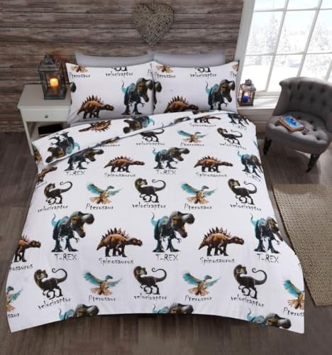 HOMES-LINEN Dinosaur Duvet Cover Set for Kids – Single & Double Bed Sizes – Polycotton Dino Bedding with T-Rex Spinosaurus Velociraptor & Pterosaur – Soft Durable Easy-Care Children’s Bed Set (Double)