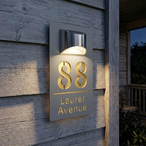 Personalizable Números de Casa Exterior con Luz LED Solar Versión Mejorada | Placa de Acrílico Grabada Láser 3D Impermeable IP65, 4 Tamaños, 16 Tipos de Fuente y 3 Colores Disponibles