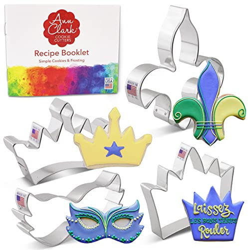 4 Emporte-Pièces Mardi Gras de la Nouvelle-Orléans par Ann Clark, Couronne de Roi, Couronne de Princesse, Masque, Fleur de Lis