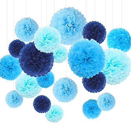 Himeland 20x Seidenpapier Pompons Set,Tissue Hängedekoration (in Royalblau Blau HeBabyblau Hellblau) für Baby Shower/Hochzeit/Kindergeburtstag/Party